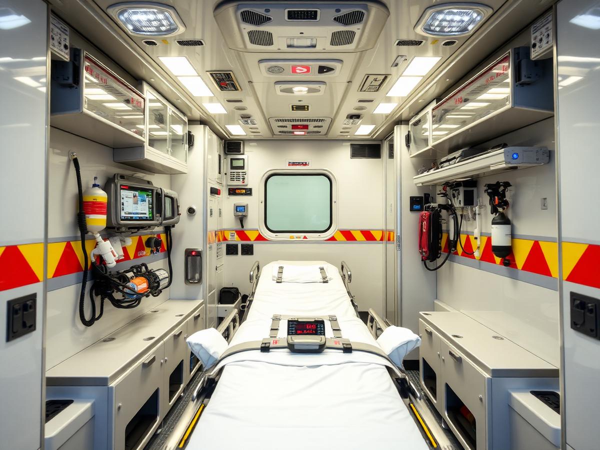 Modern ambulance interior with medical equipment